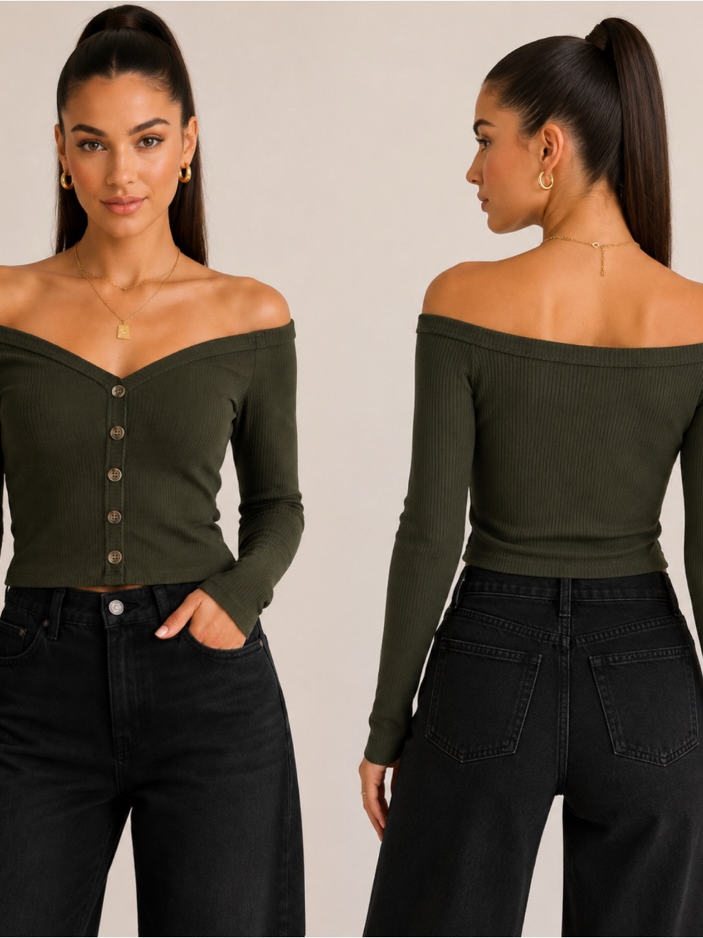 Iris Basic Olive Green Off-Shoulder Ribbed Button Crop Top